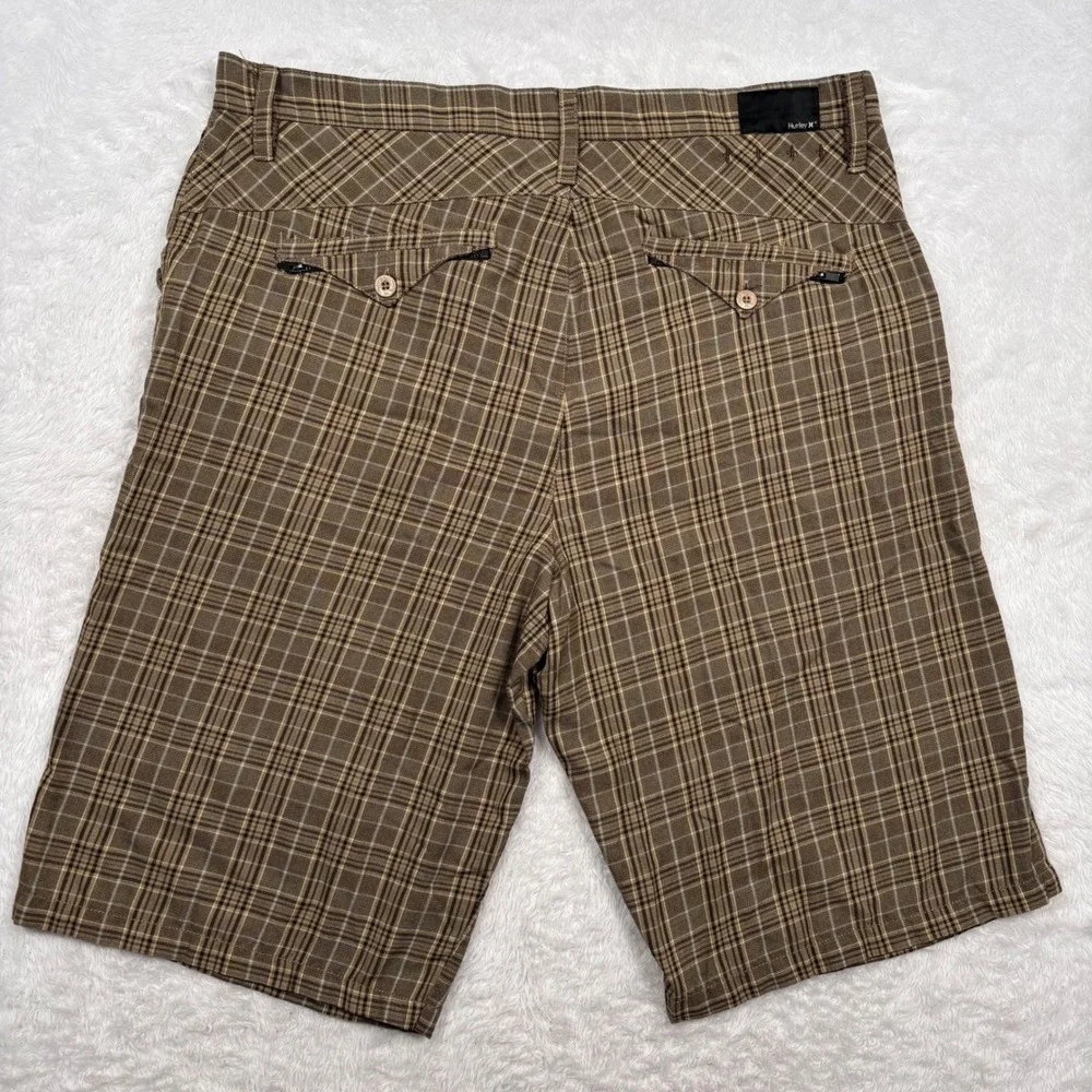 Y2K Hurley Plaid Shorts Men 38‎ Tannish Green Checkered Flat Front Casual Street